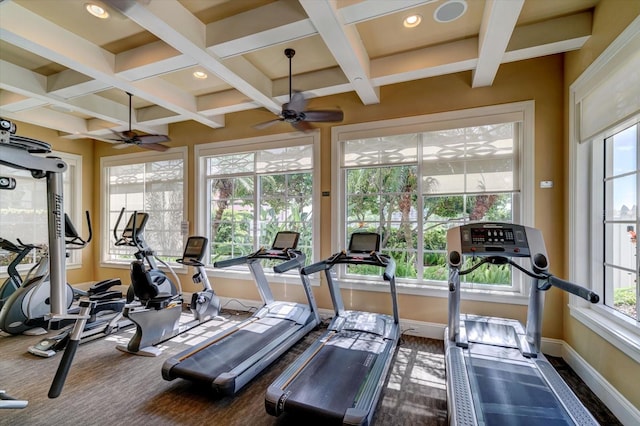 workout area with recessed lighting, coffered ceiling, and baseboards