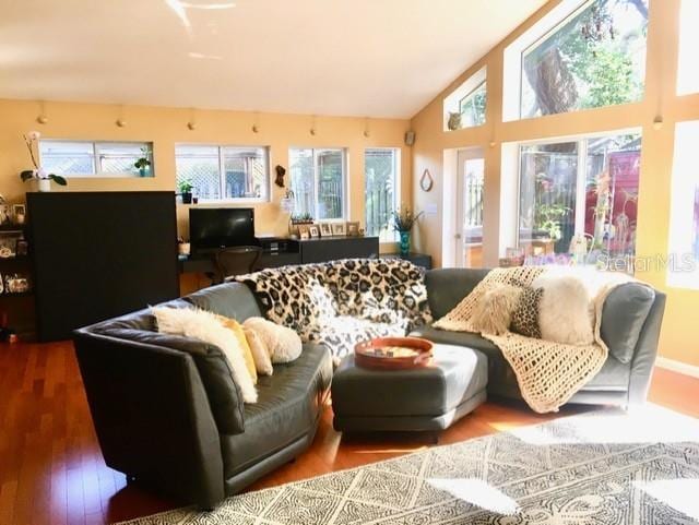 living area featuring vaulted ceiling and wood finished floors