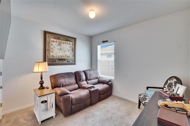 living room with carpet, baseboards, and a textured ceiling