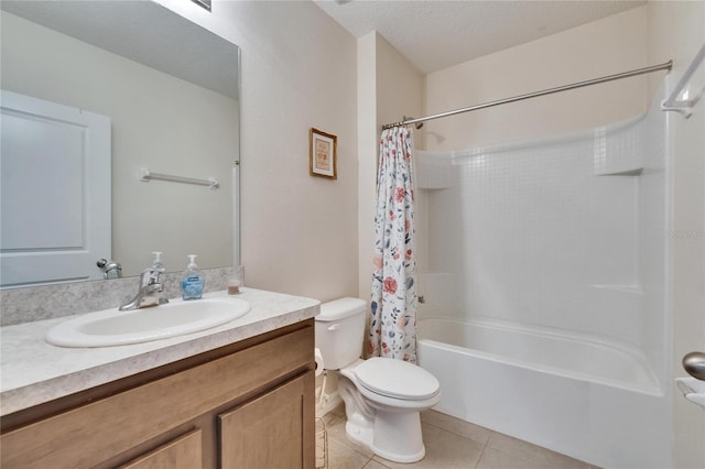 full bathroom with a textured ceiling, tile patterned flooring, toilet, vanity, and shower / bathtub combination with curtain