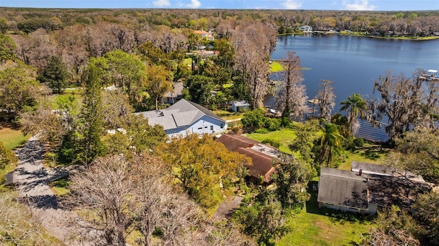 drone / aerial view featuring a water view and a forest view