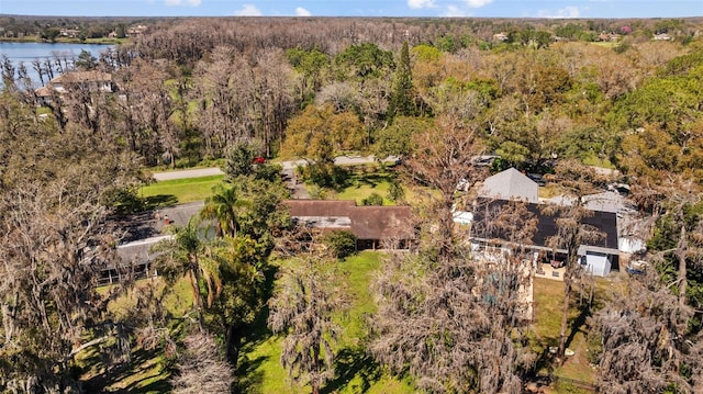 drone / aerial view featuring a water view and a view of trees