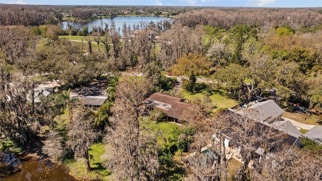 bird's eye view featuring a forest view and a water view