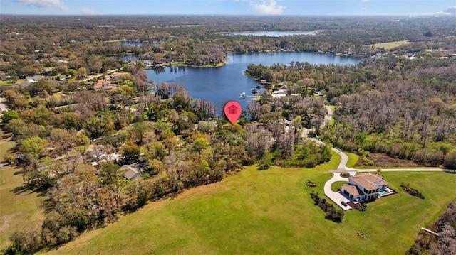 birds eye view of property featuring a water view and a forest view