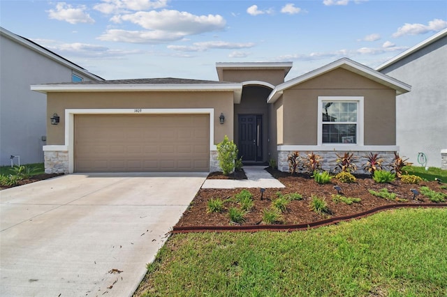 view of front facade with a garage, stone siding, driveway, and stucco siding