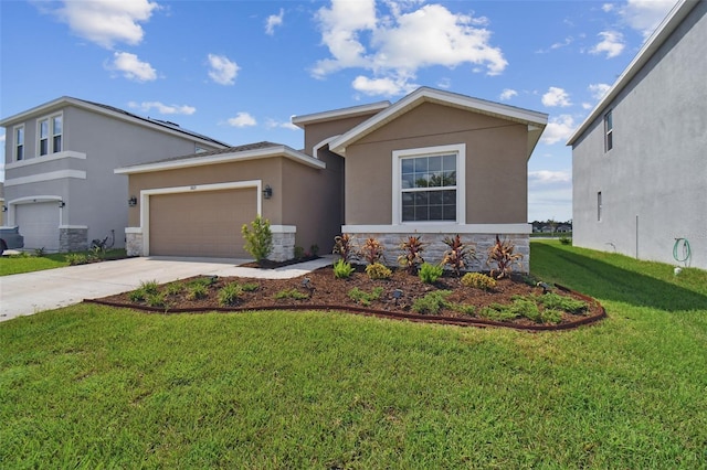 view of front of home featuring an attached garage, stone siding, concrete driveway, stucco siding, and a front lawn