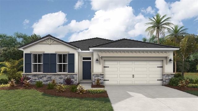 view of front of house with an attached garage, a tile roof, stone siding, concrete driveway, and stucco siding