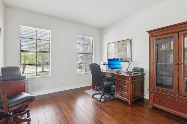 office space with dark wood-type flooring and baseboards