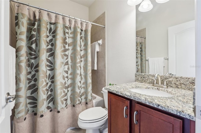 full bath with vanity, shower / bath combination with curtain, and toilet