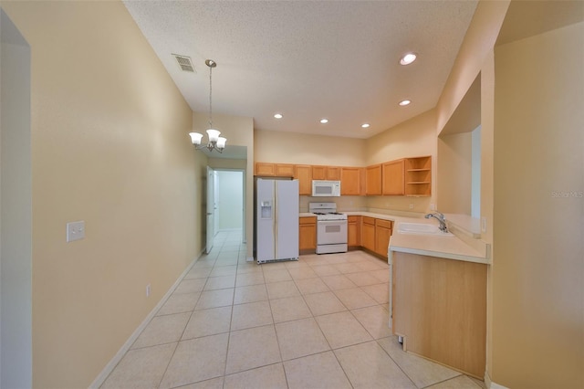 kitchen with white appliances, a sink, baseboards, light countertops, and open shelves