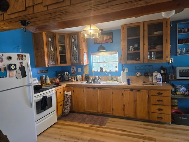 kitchen featuring light wood-style flooring, a sink, white appliances, brown cabinetry, and light countertops