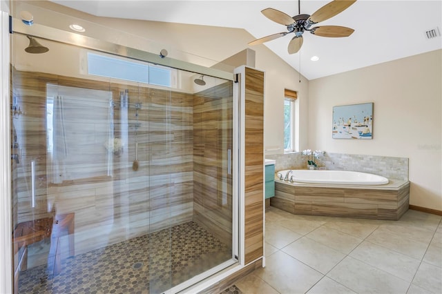 full bath featuring visible vents, a stall shower, vaulted ceiling, tile patterned flooring, and a bath