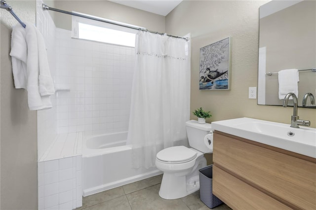 full bathroom featuring vanity, shower / bath combination with curtain, tile patterned flooring, and toilet