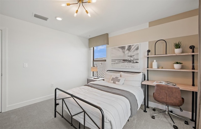 bedroom featuring light carpet, an inviting chandelier, visible vents, and baseboards