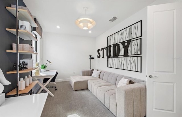 carpeted office space with baseboards, visible vents, and recessed lighting