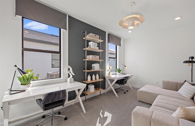 carpeted office with baseboards and recessed lighting