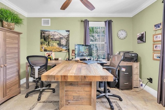 office area featuring visible vents, crown molding, baseboards, and ceiling fan