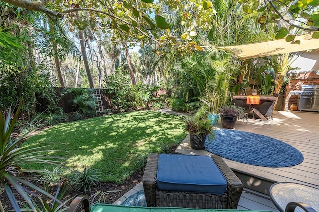 view of yard with a deck and a fenced backyard