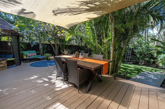 deck with a fenced backyard and outdoor dining space