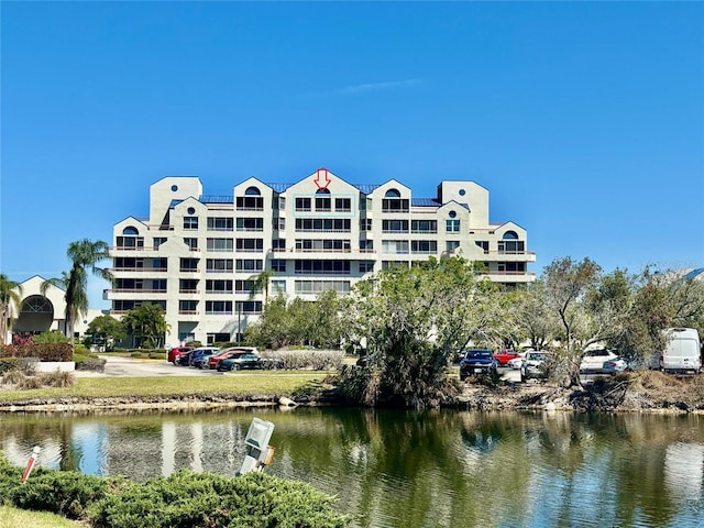 exterior space with a water view