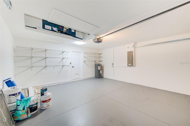 garage with water heater, electric panel, and a garage door opener