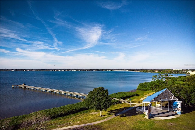 view of water feature with a dock