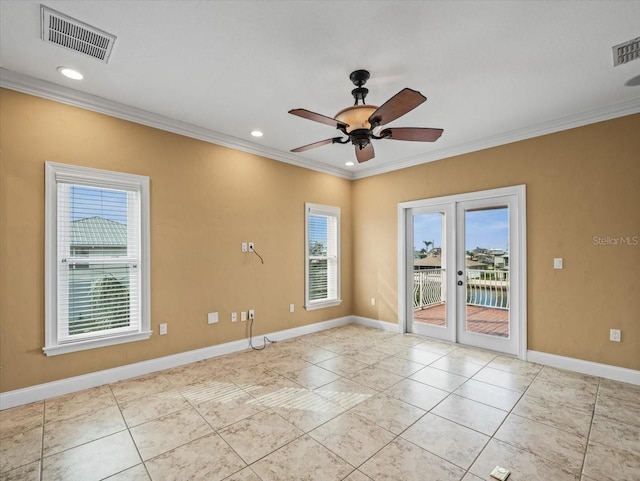 tiled empty room with french doors, visible vents, and crown molding