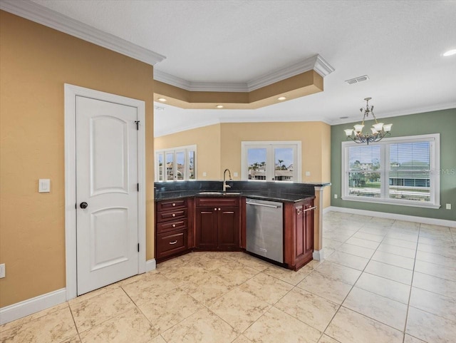 kitchen with a sink, visible vents, dishwasher, and ornamental molding