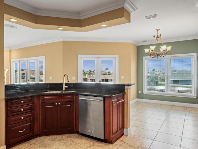 kitchen featuring a sink, ornamental molding, stainless steel dishwasher, and french doors