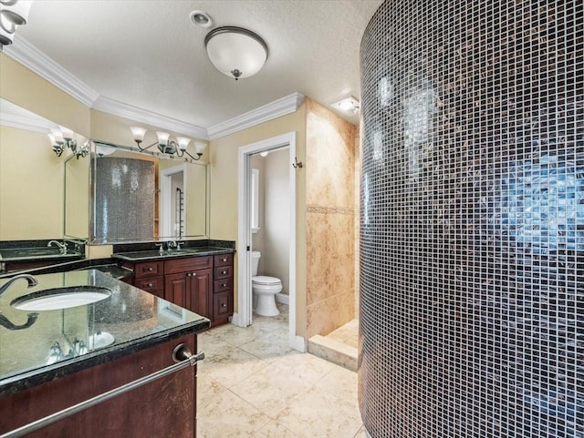 bathroom featuring ornamental molding, tiled shower, a textured ceiling, and toilet