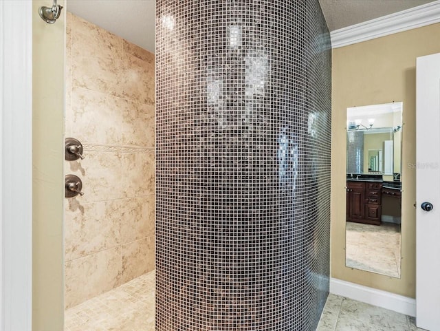 interior details with a textured ceiling, dishwashing machine, vanity, walk in shower, and crown molding