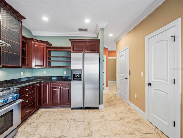 kitchen with appliances with stainless steel finishes, visible vents, dark brown cabinets, and open shelves