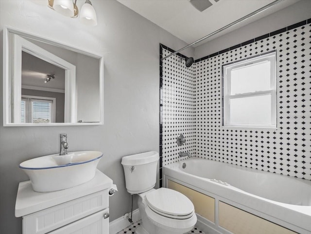 full bathroom with toilet, shower / washtub combination, ornamental molding, and vanity