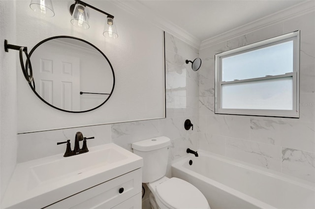 bathroom with crown molding, tile walls, toilet, vanity, and  shower combination