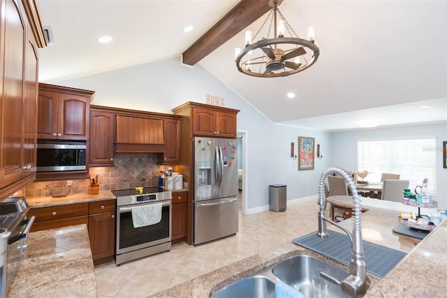 2709 Fairway View Dr, Valrico, FL 33596 - kitchen featuring a sink, appliances with stainless steel finishes, backsplash, beam ceiling, and an inviting chandelier