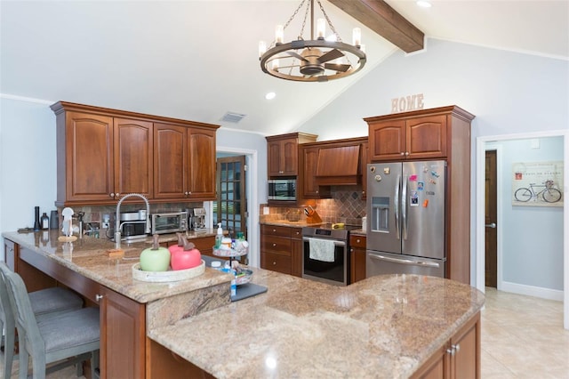 2709 Fairway View Dr, Valrico, FL 33596 - kitchen featuring tasteful backsplash, visible vents, light stone counters, an inviting chandelier, and stainless steel appliances