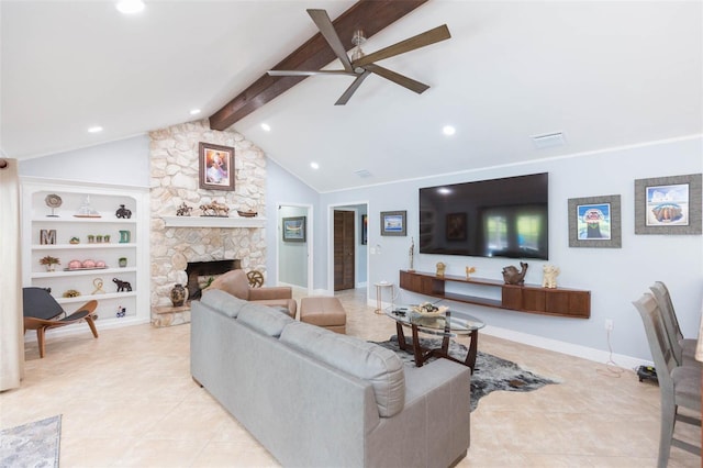 2709 Fairway View Dr, Valrico, FL 33596 - tiled living area with recessed lighting, lofted ceiling with beams, ceiling fan, a stone fireplace, and baseboards