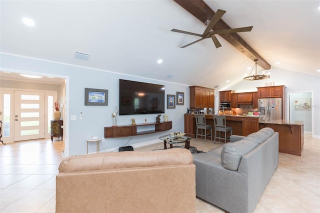 2709 Fairway View Dr, Valrico, FL 33596 - living room featuring lofted ceiling with beams, light tile patterned floors, visible vents, baseboards, and a ceiling fan