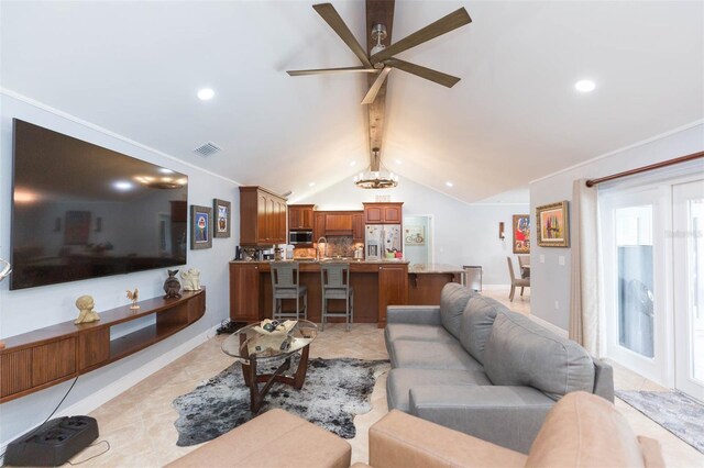 2709 Fairway View Dr, Valrico, FL 33596 - living room featuring vaulted ceiling with beams, ceiling fan, visible vents, and recessed lighting