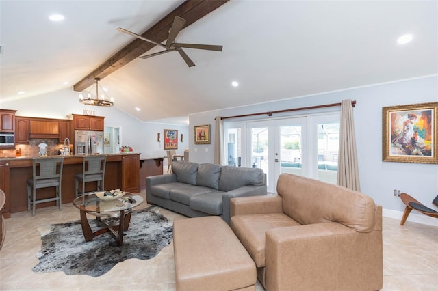 2709 Fairway View Dr, Valrico, FL 33596 - living area with french doors, vaulted ceiling with beams, recessed lighting, light tile patterned flooring, and baseboards