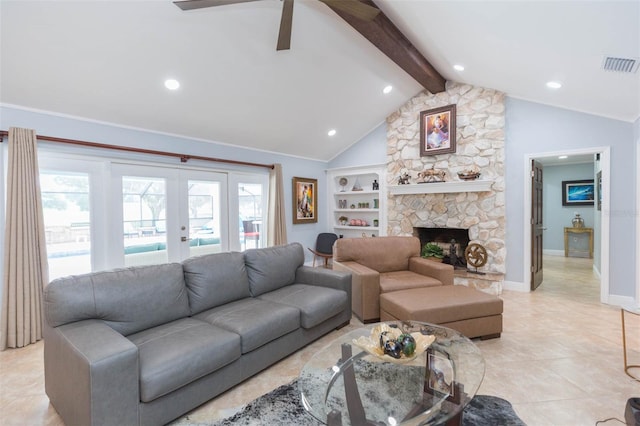 2709 Fairway View Dr, Valrico, FL 33596 - living room with french doors, vaulted ceiling with beams, visible vents, a stone fireplace, and baseboards