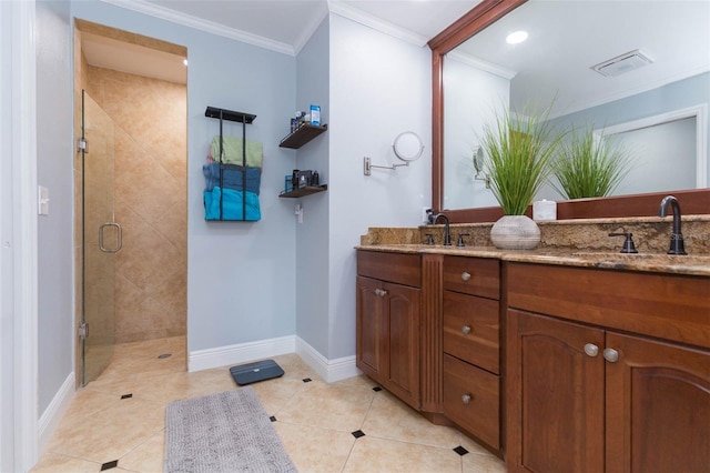 2709 Fairway View Dr, Valrico, FL 33596 - bathroom featuring double vanity, a shower stall, ornamental molding, and a sink