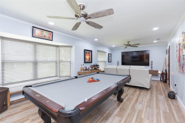 2709 Fairway View Dr, Valrico, FL 33596 - playroom with recessed lighting, pool table, crown molding, and light wood-style flooring
