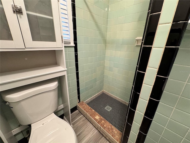 bathroom with a stall shower and toilet