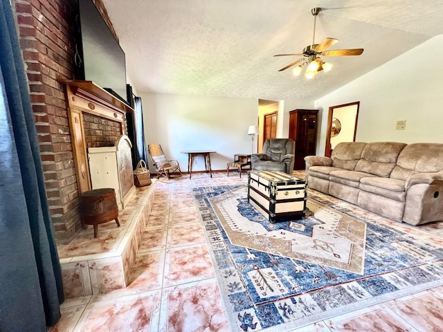 1811 Tawnee Pl, Brandon, FL 33510 - living room featuring a textured ceiling, ceiling fan, vaulted ceiling, and light tile patterned flooring