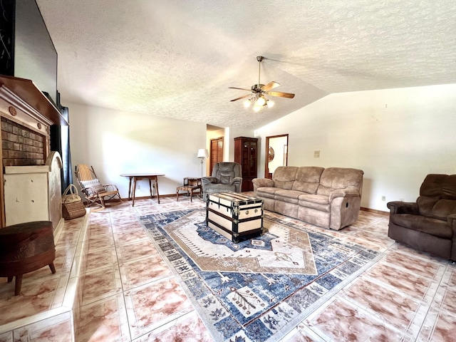 1811 Tawnee Pl, Brandon, FL 33510 - living room with light tile patterned flooring, a textured ceiling, ceiling fan, and vaulted ceiling