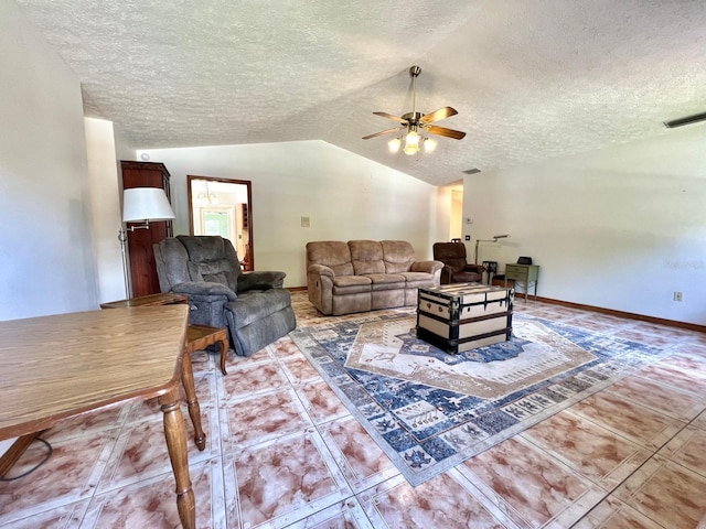 1811 Tawnee Pl, Brandon, FL 33510 - living room with a textured ceiling, visible vents, ceiling fan, and vaulted ceiling