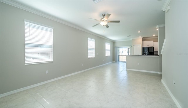 unfurnished living room featuring crown molding, light tile patterned floors, recessed lighting, a ceiling fan, and baseboards