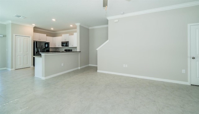 kitchen featuring black fridge with ice dispenser, visible vents, baseboards, open floor plan, and crown molding