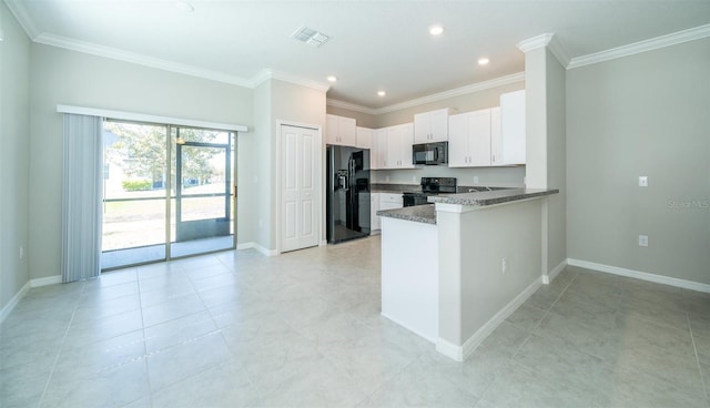 kitchen with a peninsula, visible vents, white cabinetry, ornamental molding, and black appliances